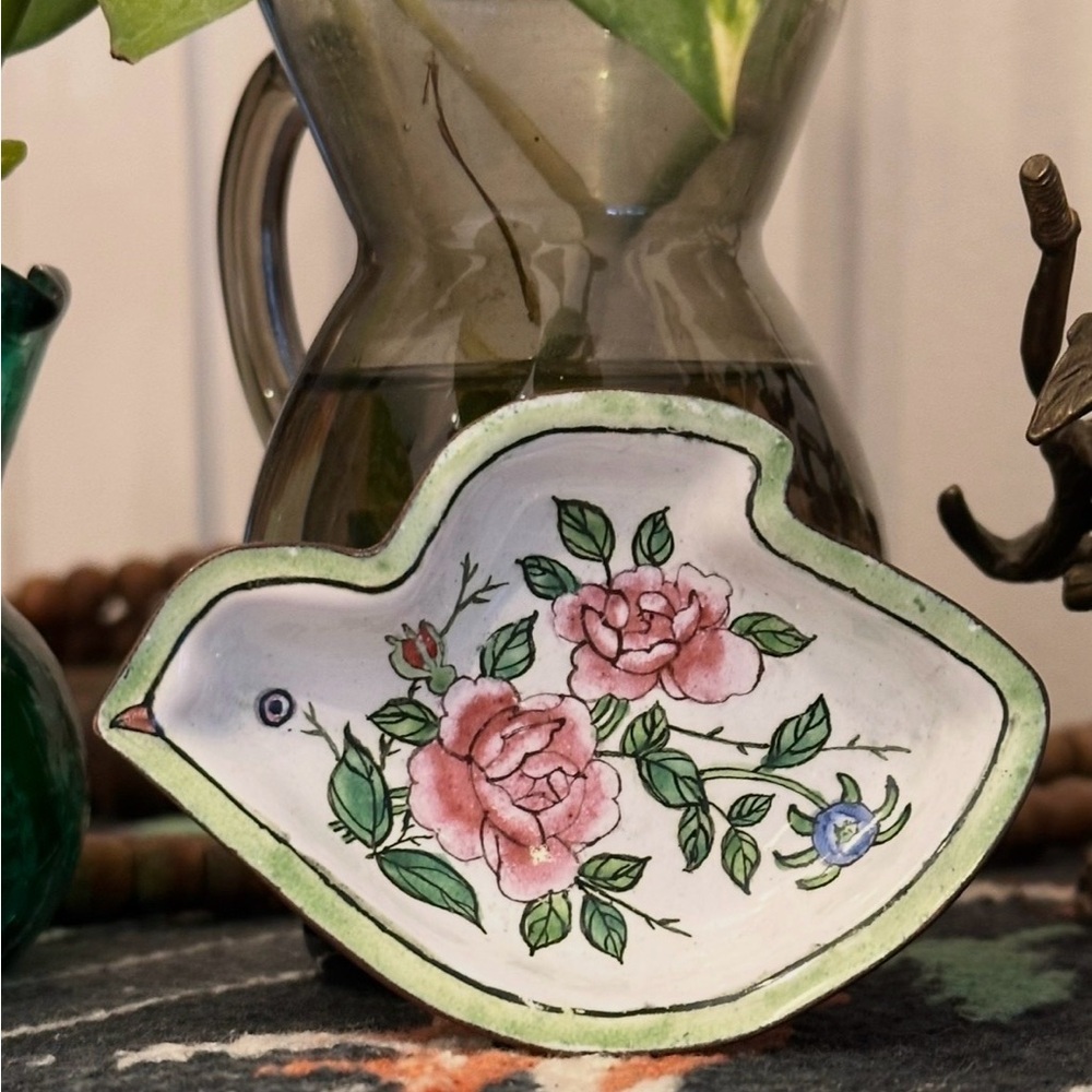Vintage Hand-Painted Enamel Pink Floral Bird Trinket Dish